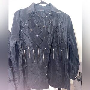 Black Button-Up Shirt with Rhinestone Details